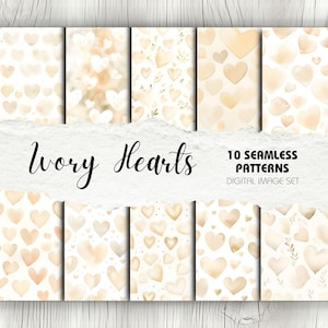 10 Moldes Sem Costura - Corações de Marfim | Download Instantâneo | Artesanato para o Dia dos Namorados, Scrapbook Digital para Recém-Nascidos, Cartões Feitos à Mão, Livro de Casamento