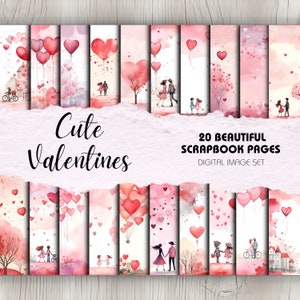 Valentijnsdag Scrapbook Kit - Pak van 20 | Direct downloaden | Aquarel achtergrondpagina's, handgemaakte afdrukbare Valentijnsdag kaart, schattige liefde