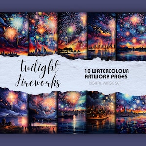 Obras de arte em aquarela para celebração de fogos de artifício - pacote com 10 | Download Digital | Artesanato em papel, diário, decoração de casa, álbum de recortes, arte de parede