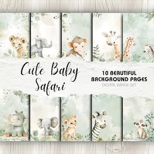 Süße Neue Baby Safari Themenseiten x10 | Quadratisches Scrapbook Hintergrundpapier Aquarell Neutral Baby Shower Cute Theme Junge oder Mädchen Tiere