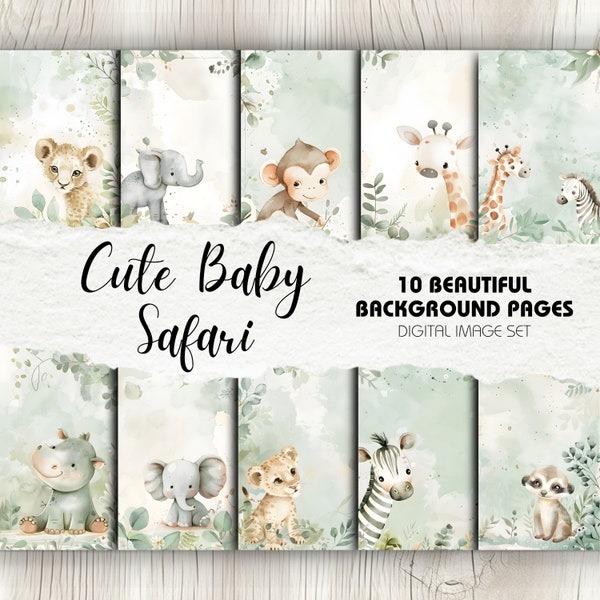 Cute New Baby Safari Theme Pages x10 | Square Scrapbook Background Paper Watercolour Neutral Baby Shower Cute Theme Boy or Girl Animals