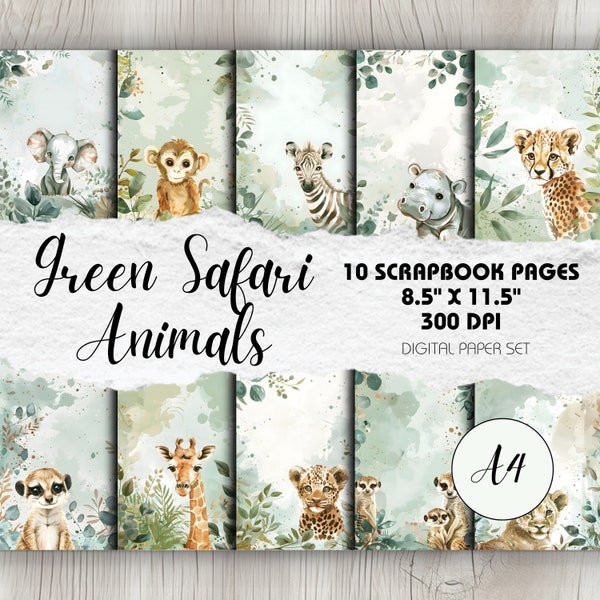 Green Watercolour Safari Theme A4 Size Pages x10 | Scrapbook Background Paper Watercolour Neutral Baby Shower Cute Theme Boy or Girl Animals