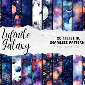 Aquarel Astronaut Space Digital Paper Pack Naadloos Patroon Galaxy Sterren Afdrukbaar Scrapbook Planeten, Maan, Sterren