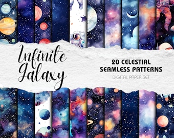Watercolor Astronaut Space Digital Paper Pack Seamless Pattern Galaxy Stars Printable Scrapbook Planets, Moon, Stars