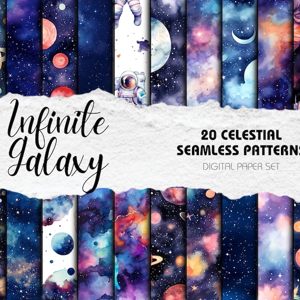 Watercolor Astronaut Space Digital Paper Pack Seamless Pattern Galaxy Stars Printable Scrapbook Planets, Moon, Stars