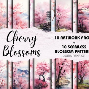 Pacote de 20 imagens quadradas de flores de cerejeira | Download digital | Fundos de papel de scrapbook de aquarela floral e padrões sem costura