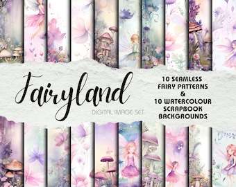 Fairy Toadstools Scrapbook Background Pages and Seamless Patterns, Digital Download, Pastel Watercolour Scrapbook Paper