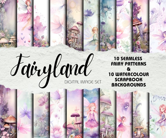 Fairy Toadstools Scrapbook Background Pages and Seamless Patterns, Digital Download, Pastel Watercolour Scrapbook Paper