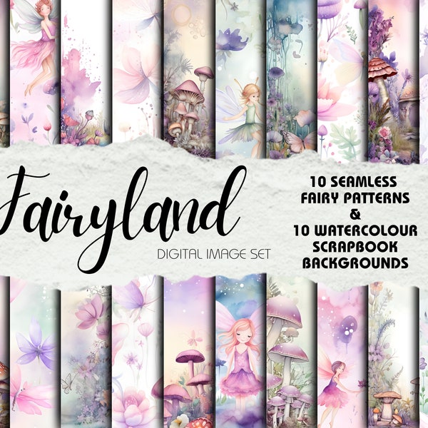 Fairy Toadstools Scrapbook Background Pages and Seamless Patterns, Digital Download, Pastel Watercolour Scrapbook Paper