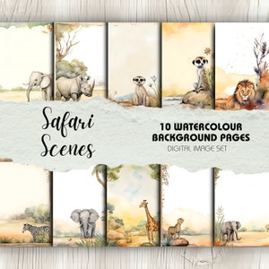 Akvarellkonst med safaridjur – Scrapbook-bakgrunder (digital nedladdning)