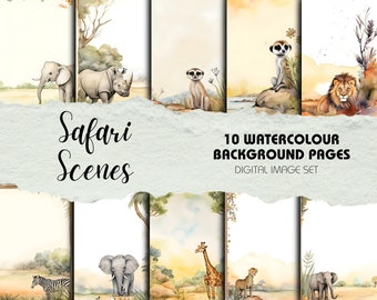 May include: Ten watercolor background pages featuring safari animals. The pages include a giraffe, zebra, elephant, rhino, cheetah, meerkat, and lion. The pages are perfect for creating invitations, cards, or other crafts.