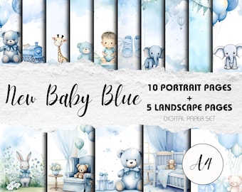 New Baby Blue A4 - 15 Watercolour-Style Scrapbook Backgrounds | Instant Download | Baby Boy Memories