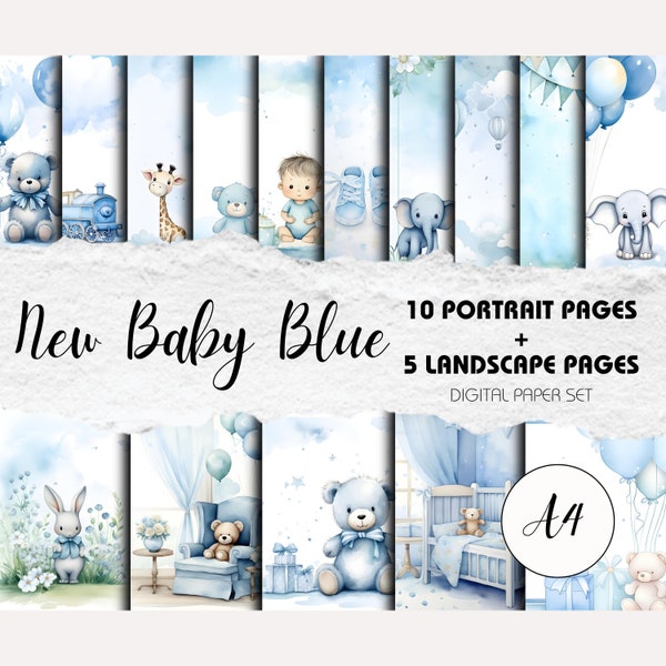 New Baby Blue A4 - 15 Watercolour-Style Scrapbook Backgrounds | Instant Download | Baby Boy Memories