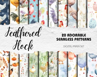 Watercolor Chicken Seamless Patterns: Farmhouse Scrapbook Paper (Digital Download)
