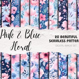 Padrões florais sem costura rosa e azul - Pacote com 20 | Download digital | Fundos florais de papel para impressão para álbuns de recortes e sublimação