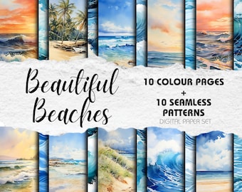 Digital Download Scrapbooking Paper Beach Artwork Seamless Pattern Ocean Waves Watercolour Backgrounds