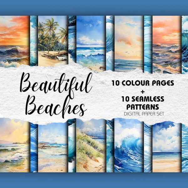 Digital Download Scrapbooking Paper Beach Artwork Seamless Pattern Ocean Waves Watercolour Backgrounds