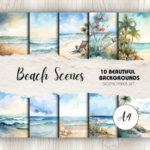 Beach Scenes - 10 Dreamy Watercolour A4 Backgrounds for Scrapbooking & Junk Journalling, Instant Download, Printable Pages