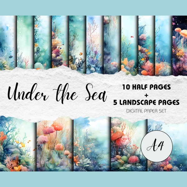 Under the Sea A4 - 15 Watercolour Ocean-Themed Background Images | Instant Download | Digital Scrapbooking, Junk Journal Paper