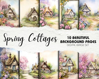 Pagine di sfondo per album Spring Cottages - Confezione da 10 / Download istantaneo / Creazione, Decorazione, Diario spazzatura digitale