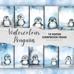Pingüinos, Páginas de fondo de álbum de recortes de Navidad - Paquete de 10 / Descarga instantánea / Diario basura de Navidad, Páginas imprimibles, Artesanías festivas
