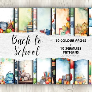 Paquete de regreso a la escuela - 10 imágenes de Scrapbooking y 10 patrones sin costuras / Descarga instantánea / Elaboración, Diario, Decoración, Álbum de recortes digital