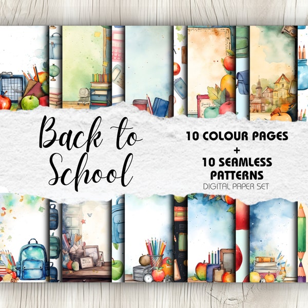 Back to School Pack - 10 Scrapbooking-Bilder & 10 nahtlose Muster | Sofort Download | Basteln, Journaling, Dekor, Digital Scrapbook