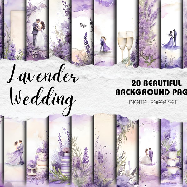 Wedding Scrapbook Kit | Watercolour Floral Scrapbook Backgrounds - Pack of 20 | Instant Download | Purple Wedding Decor