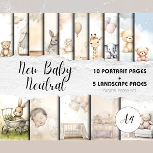 New Baby Neutral A4 15 Watercolour-Style Scrapbook Backgrounds Instant Download Baby Memories, Boy or Girl image 1