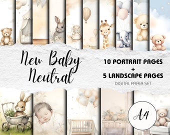 New Baby Neutral A4 - 15 Watercolour-Style Scrapbook Backgrounds | Instant Download | Baby Memories, Boy or Girl