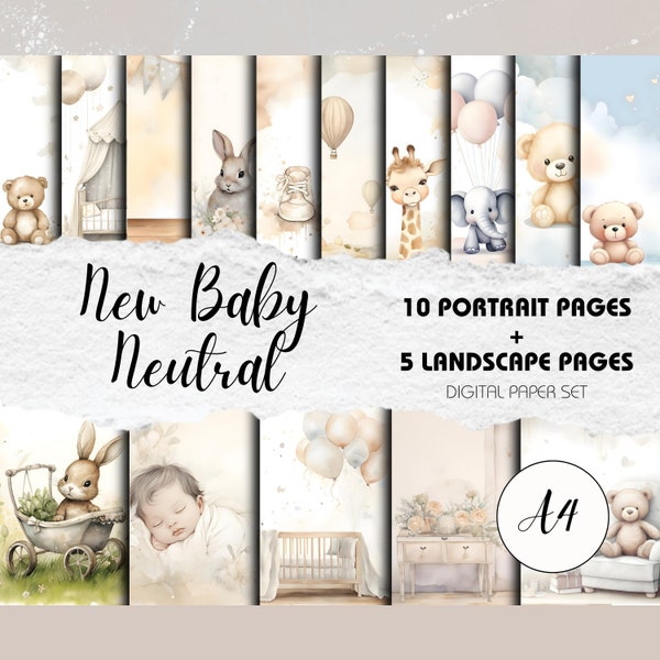 New Baby Neutral A4 - 15 Watercolour-Style Scrapbook Backgrounds | Instant Download | Baby Memories, Boy or Girl