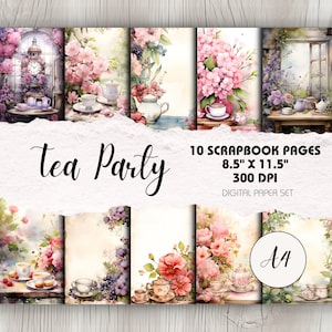 Tea Party A4 Backgrounds - Pacote de 10 | Download digital | Xícaras de chá florais em aquarela, convite para chá da tarde, cartão feito à mão