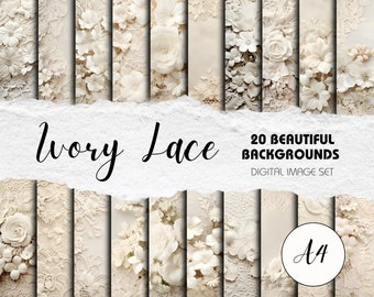 Elegant Ivory Lace and Floral Images 20x A4 Size | Instant Download | Perfect for Weddings, Baby Showers, Scrapbooking, Paper Crafts