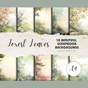 Forest Leaves - 10 pagine A4 di album ad acquerello / Download istantaneo / Sfondi diario spazzatura, Artigianato di carta stampabile, Ispirato alla natura