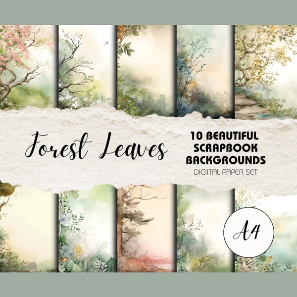 Forest Leaves - 10 A4 Watercolour Scrapbook Pages | Instant Download | Junk Journal Backgrounds, Printable Paper Crafts, Nature Inspired