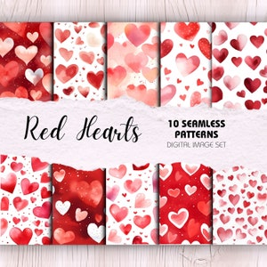 10 padrões sem costura - corações vermelhos | Download instantâneo | Artesanato para o Dia dos Namorados, álbum de recortes digital, cartões feitos à mão, corações de amor, livro de casamento