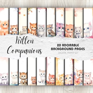 Arrière-plans de scrapbooking aquarelle chaton mignon - Lot de 20 | Téléchargement instantané | Créations manuelles, Journalisation, Décoration d'intérieur, Scrapbooking numérique