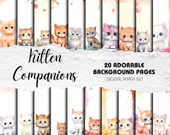 Cute Kitten Watercolour Scrapbook Backgrounds - Pack of 20 | Instant Download | Crafting, Journaling, Home Decor, Digital Scrapbooking