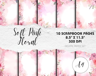Pink Floral Scrapbook Paper: A4 Watercolor Backgrounds (Digital Download)