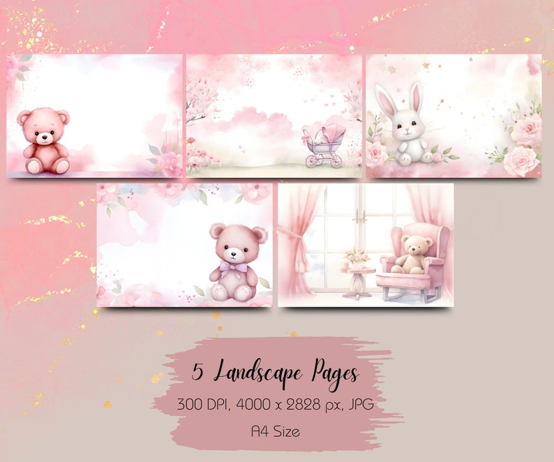 Nuevo Baby Pink A4 15 fondos de álbumes de recortes estilo acuarela