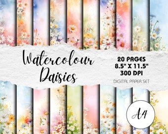 Aquarell Gänseblümchen Scrapbook Papier: A4 Florale Hintergründe (Digitaler Download)