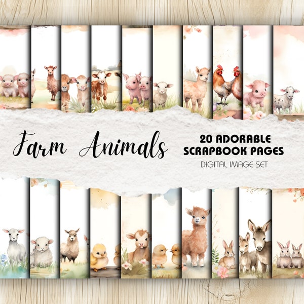 Pages d'arrière-plan de Scrapbooking Animaux de la ferme mignons - Lot de 20 | Téléchargement instantané | Artisanat, décoration, scrapbooking numérique, accessoires de journal