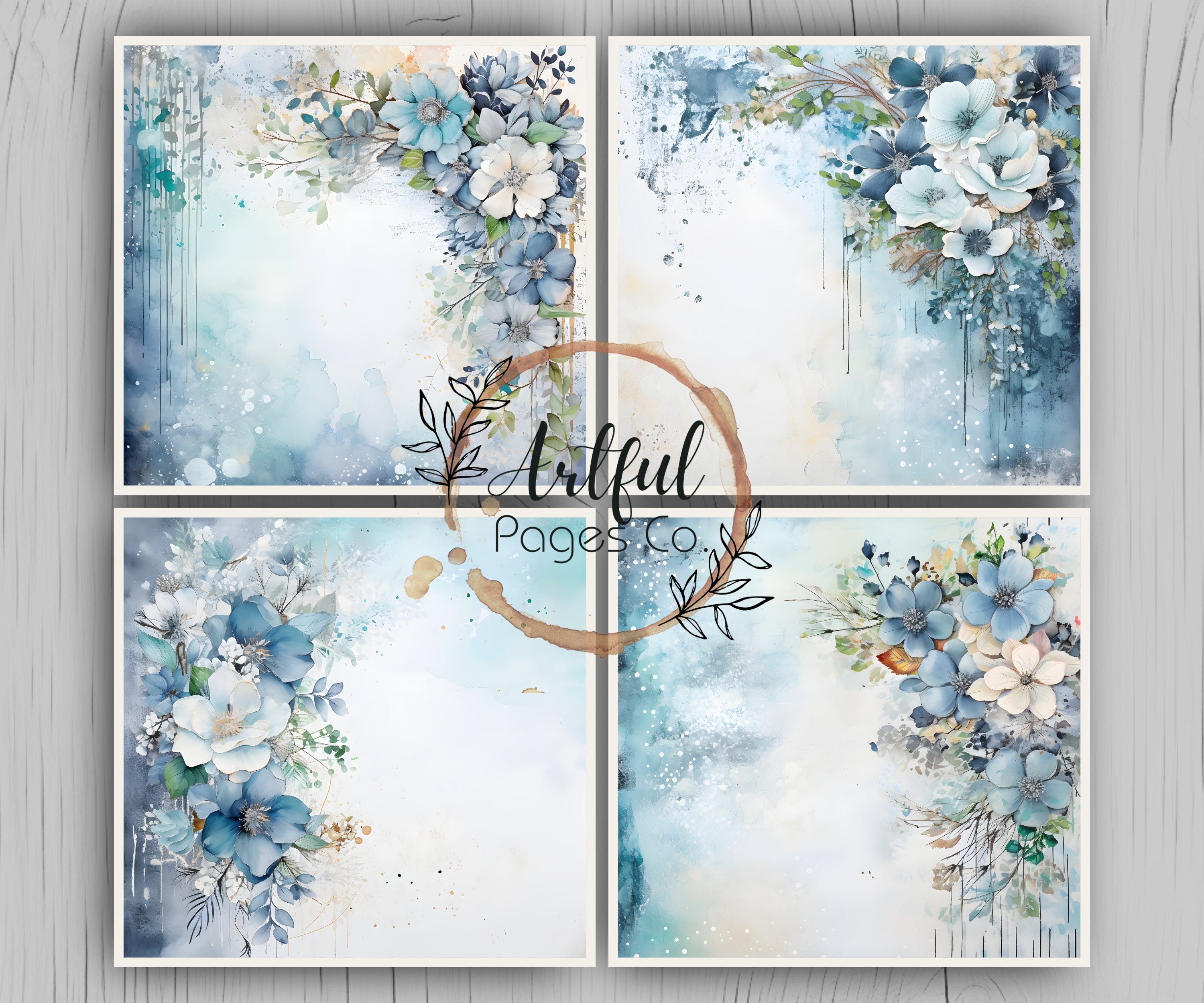 Blue Watercolor Floral Backgrounds: Scrapbook Paper (digital Download ...