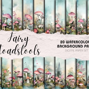 Fairy Toadstools - Lot de 20 pages de fond carrées | Téléchargement numérique | Papier de scrapbooking fantaisiste, Conte de fées aquarelle, Champignons, Mignon