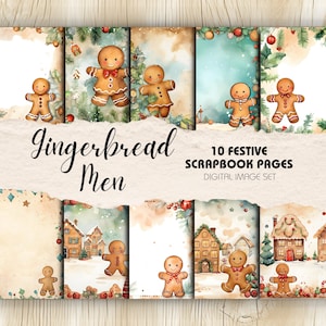 Gingerbread Men Scrapbook-achtergrondpagina's - Pak van 10 | Direct downloaden | Kerst Junk Journal, afdrukbare pagina's, feestelijke ambachten