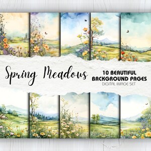 May include: Ten digital watercolor illustrations of spring meadows with wildflowers, trees, and rolling hills. The images are perfect for scrapbooking, card making, and other creative projects.  "Spring Meadows" and "10 Beautiful Background Pages" are written in black text at the bottom of the image.