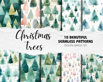 Watercolor Christmas Tree Seamless Patterns: Holiday Scrapbook Paper (Digital Download)