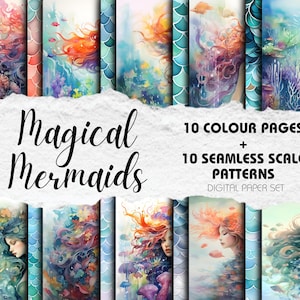 Può includere: Un set di carta digitale con 10 illustrazioni colorate di sirene e 10 motivi di squame senza cuciture. Le illustrazioni presentano sirene con capelli fluenti e scene sottomarine. I motivi sono in tonalità di blu, verde e viola.