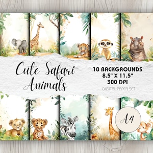 Animales de safari adorables - Paquete de 10 páginas tamaño A4 / Descarga instantánea / Manualidades de papel, Scrapbooking digital, Tema de safari, Invitaciones para fiestas