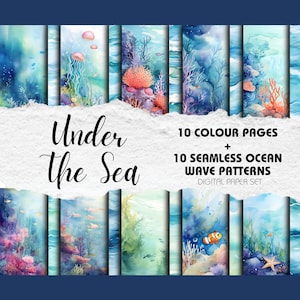 Under The Sea Digital Paper Instant Download Digital Scrapbooking Junk Journal Paper Ocean Waves Aquarel Achtergronden